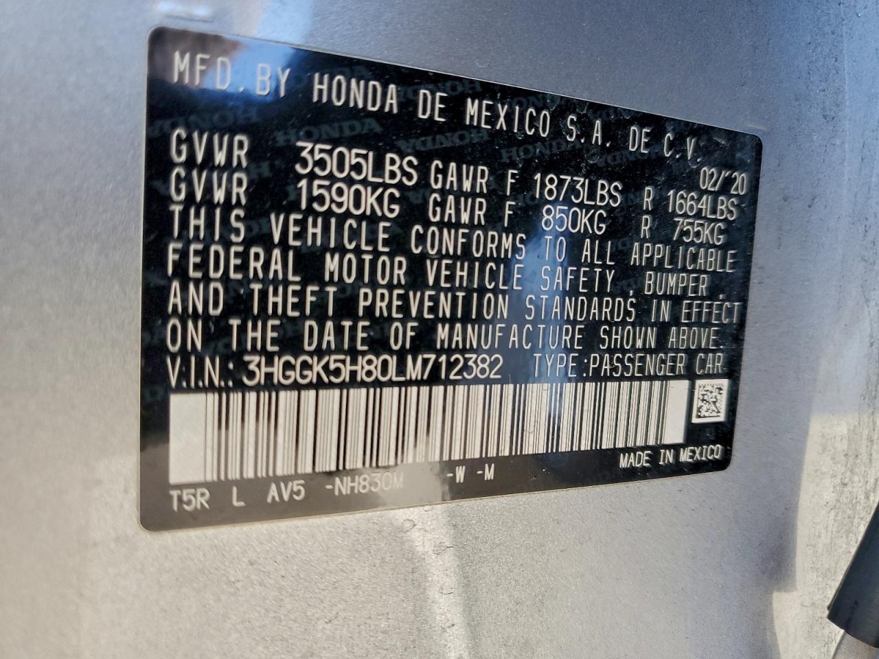 2020 Honda Fit Ex VIN: 3HGGK5H80LM712382 Lot: 93880305