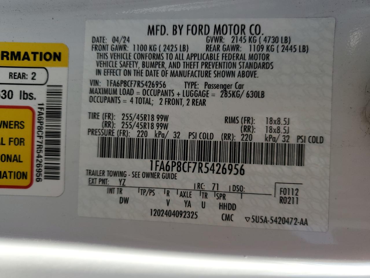 2024 Ford Mustang Gt VIN: 1FA6P8CF7R5426956 Lot: 86181015