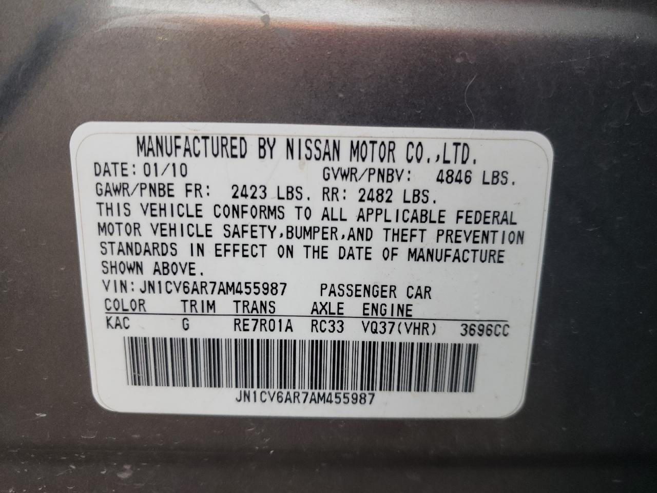 2010 Infiniti G37 VIN: JN1CV6AR7AM455987 Lot: 94036185