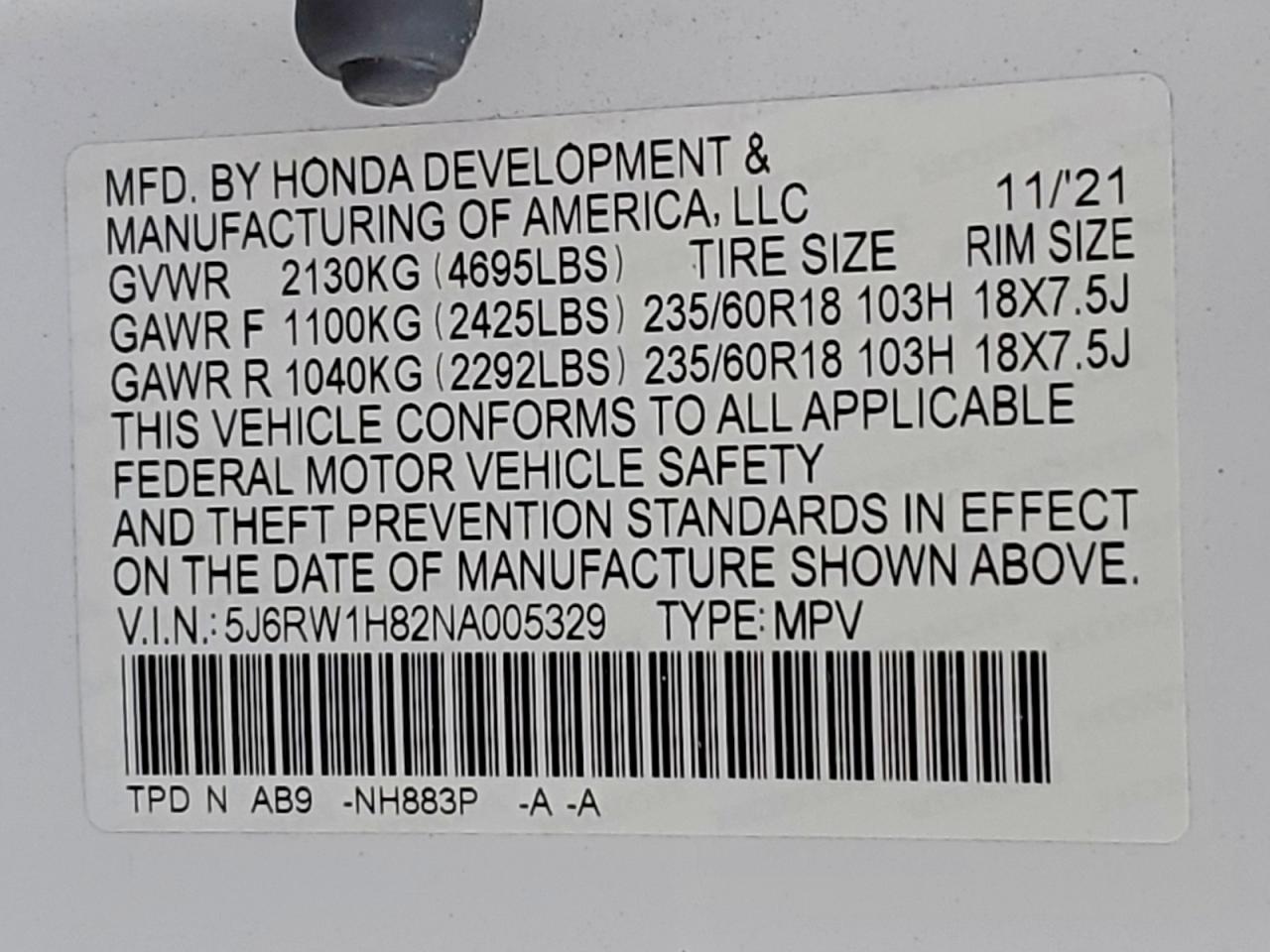 2022 Honda Cr-V Exl VIN: 5J6RW1H82NA005329 Lot: 94196405
