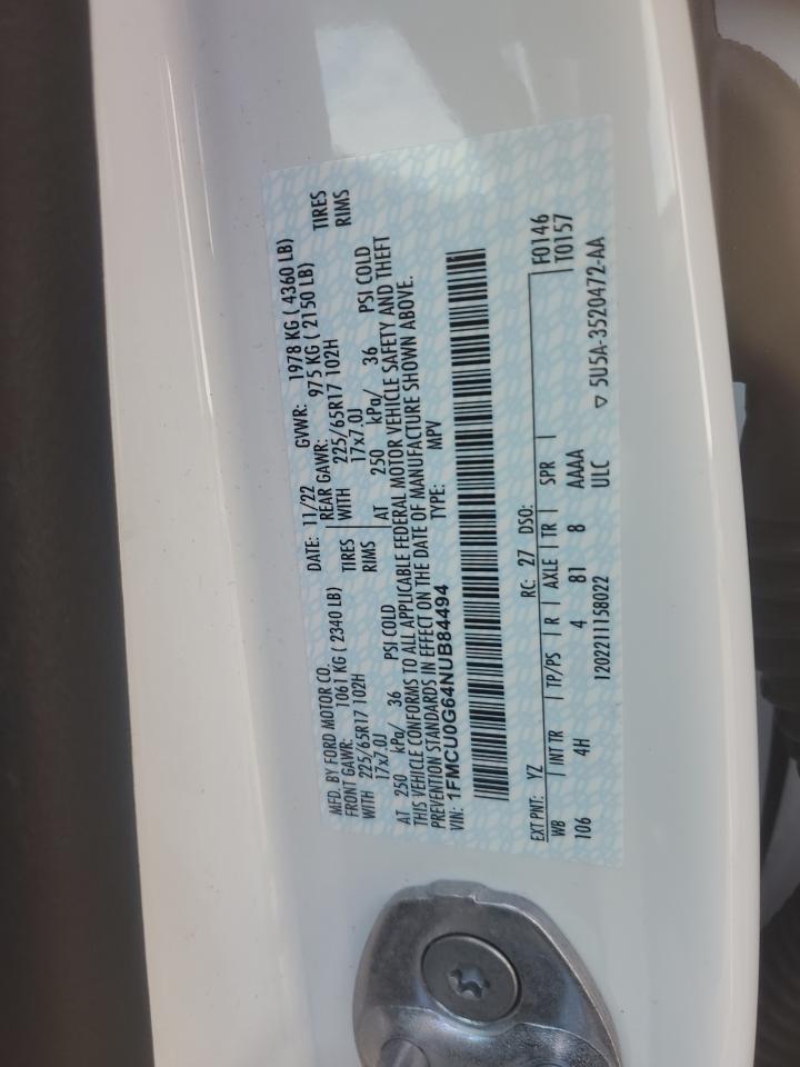 2022 Ford Escape Se VIN: 1FMCU0G64NUB84494 Lot: 92836245