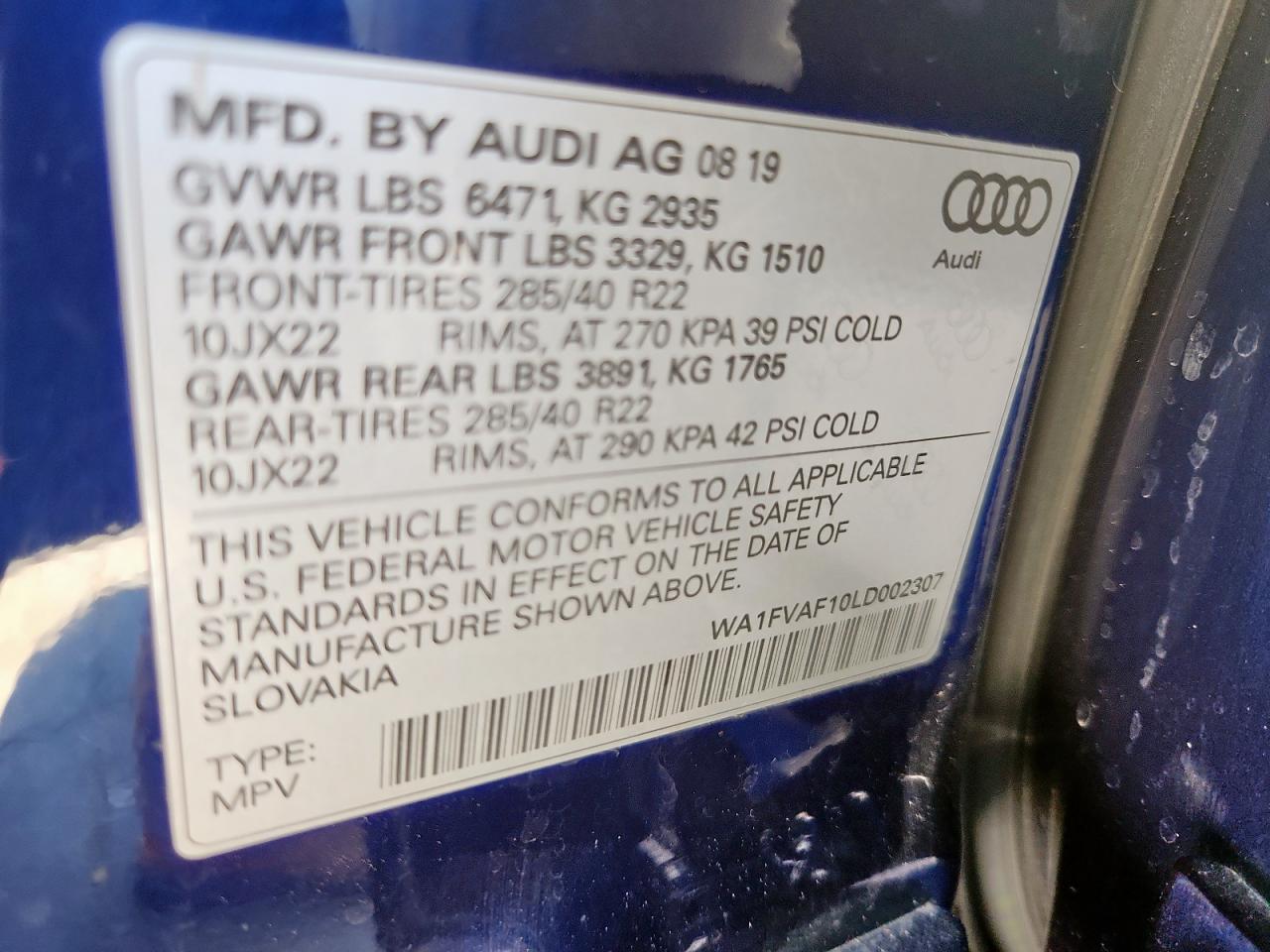 2020 Audi Q8 Prestige S-Line VIN: WA1FVAF10LD002307 Lot: 92702905