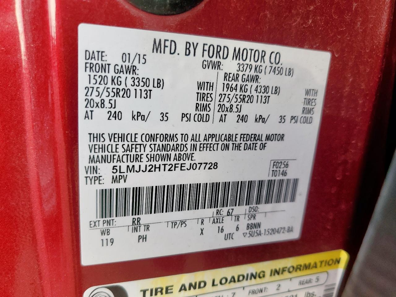 2015 Lincoln Navigator VIN: 5LMJJ2HT2FEJ07728 Lot: 93632465