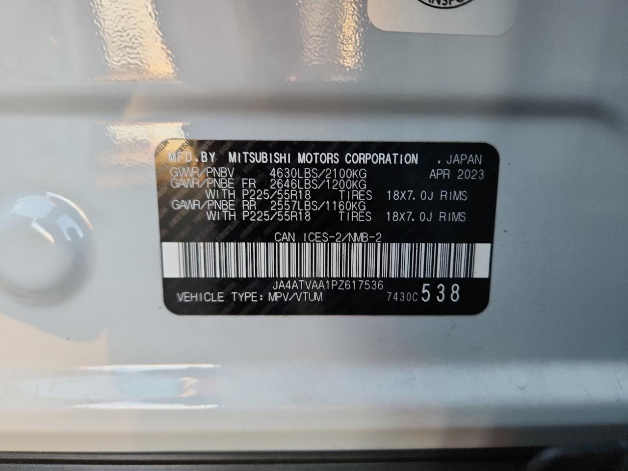 2023 Mitsubishi Eclipse Cross Le VIN: JA4ATVAA1PZ617536 Lot: 92229605