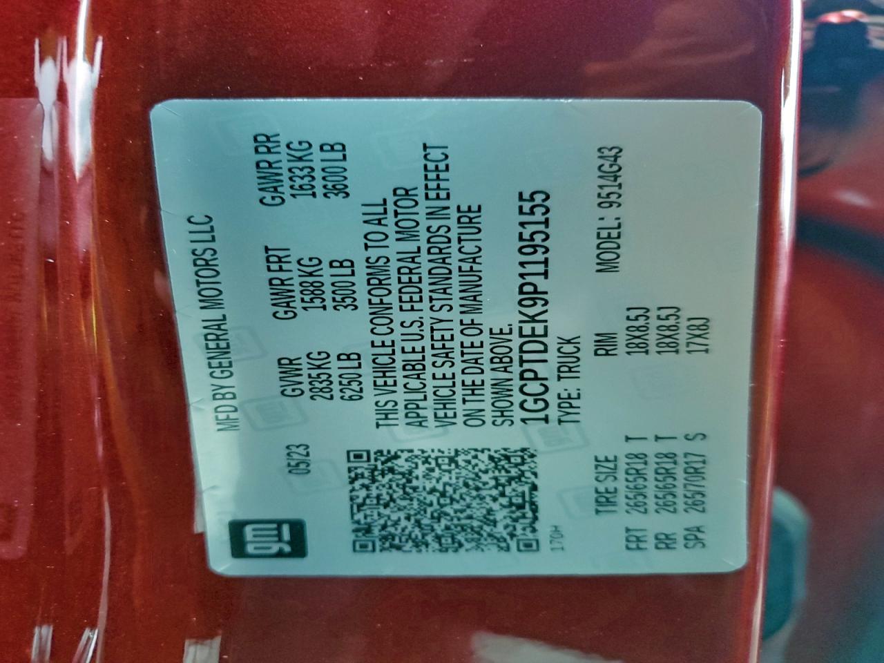 2023 Chevrolet Colorado Z71 VIN: 1GCPTDEK9P1195155 Lot: 94360775