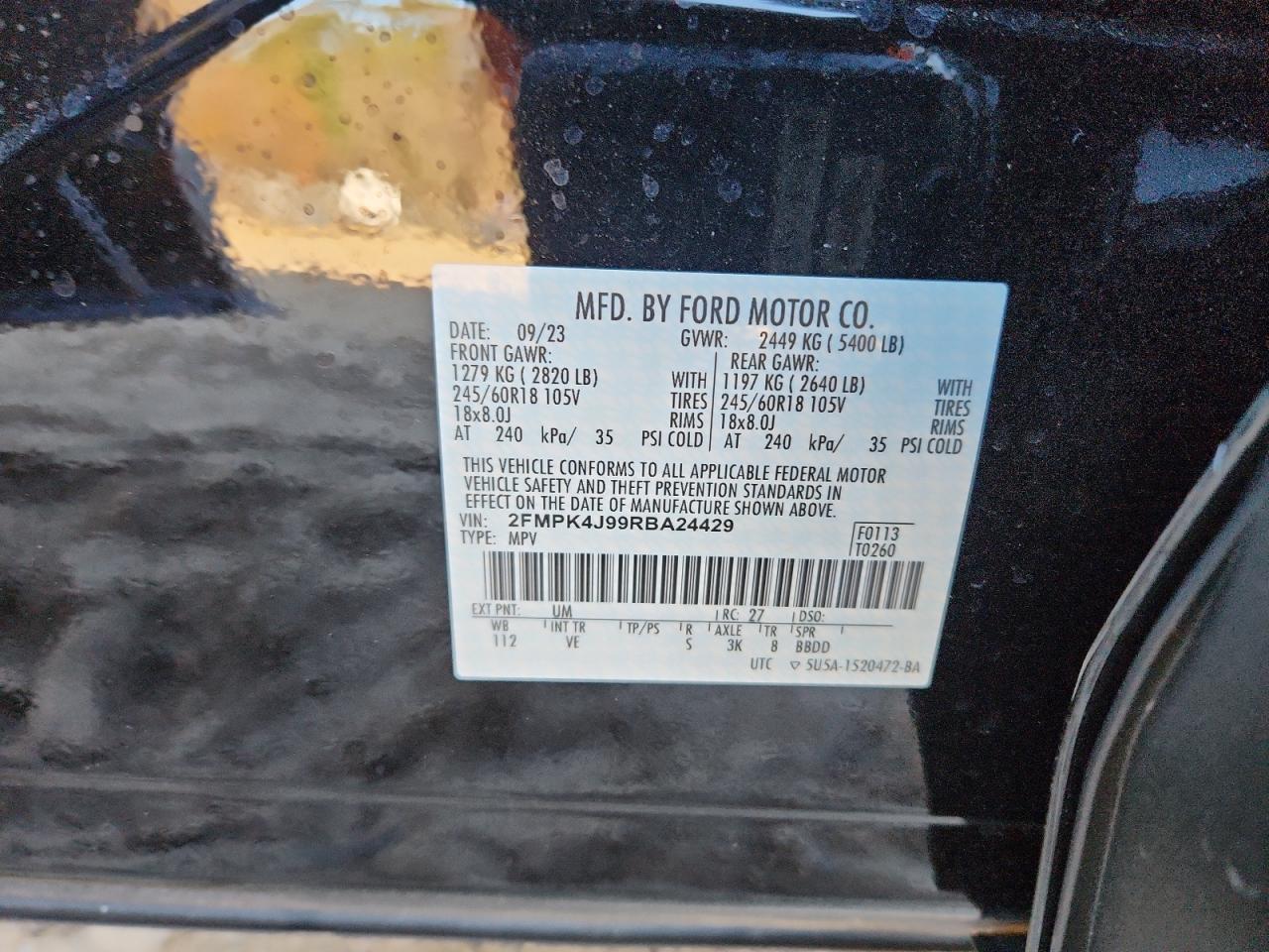 2024 Ford Edge Sel VIN: 2FMPK4J99RBA24429 Lot: 92341005