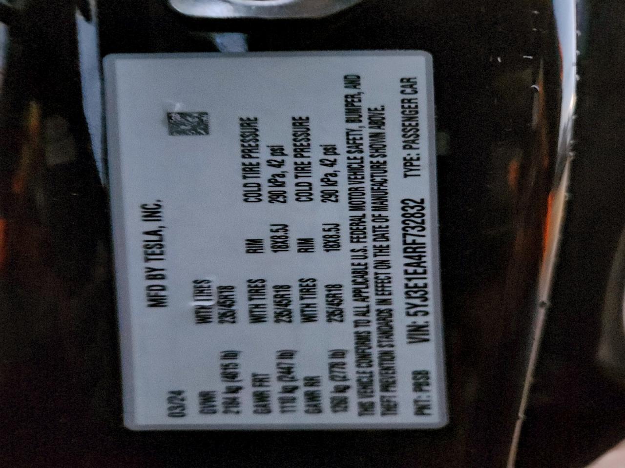 2024 Tesla Model 3 VIN: 5YJ3E1EA4RF732832 Lot: 93975745