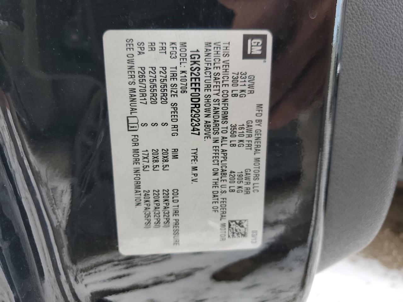 2013 GMC Yukon Denali VIN: 1GKS2EEF0DR292347 Lot: 91486965