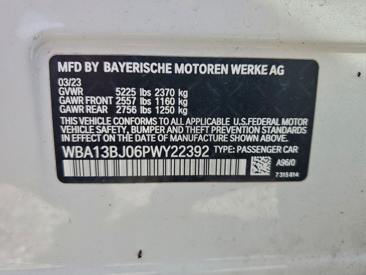 2023 BMW 530 Xi VIN: WBA13BJ06PWY22392 Lot: 94249065