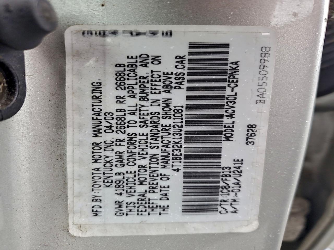 2003 Toyota Camry Le VIN: 4T1BE32K13U211081 Lot: 94564505