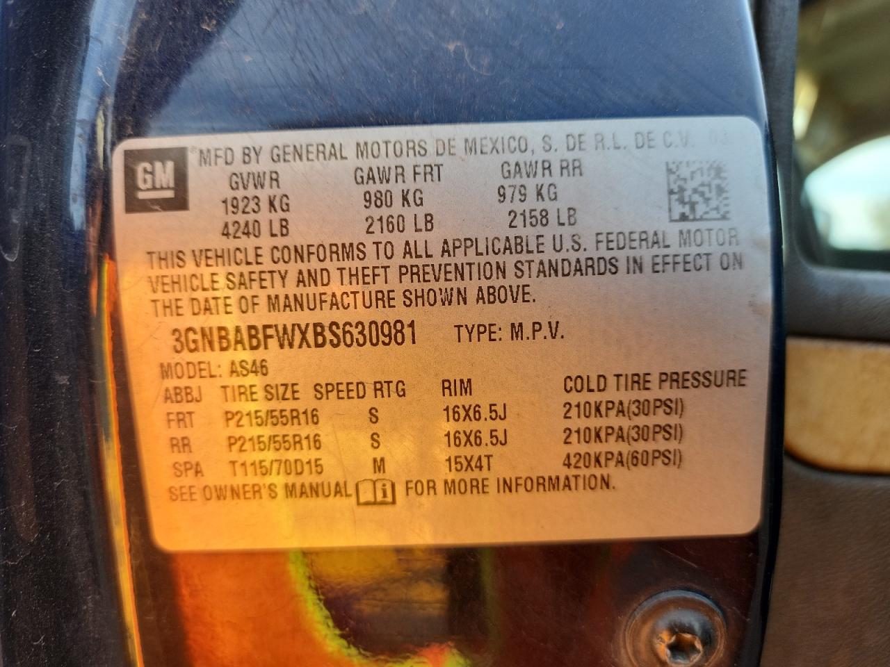 2011 Chevrolet Hhr Lt VIN: 3GNBABFWXBS630981 Lot: 91363335