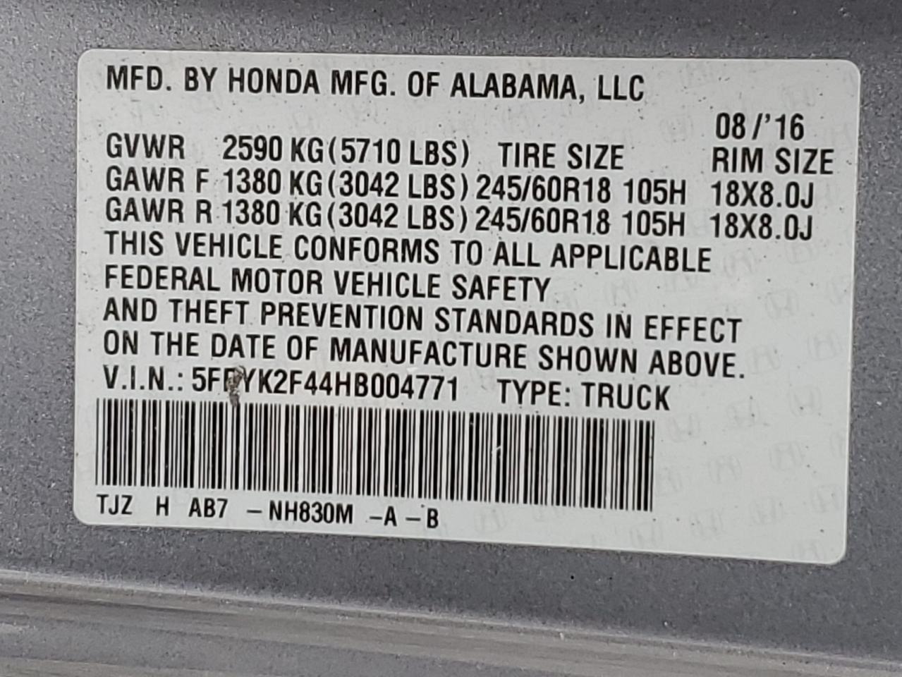 2017 Honda Ridgeline Rts VIN: 5FPYK2F44HB004771 Lot: 92590715