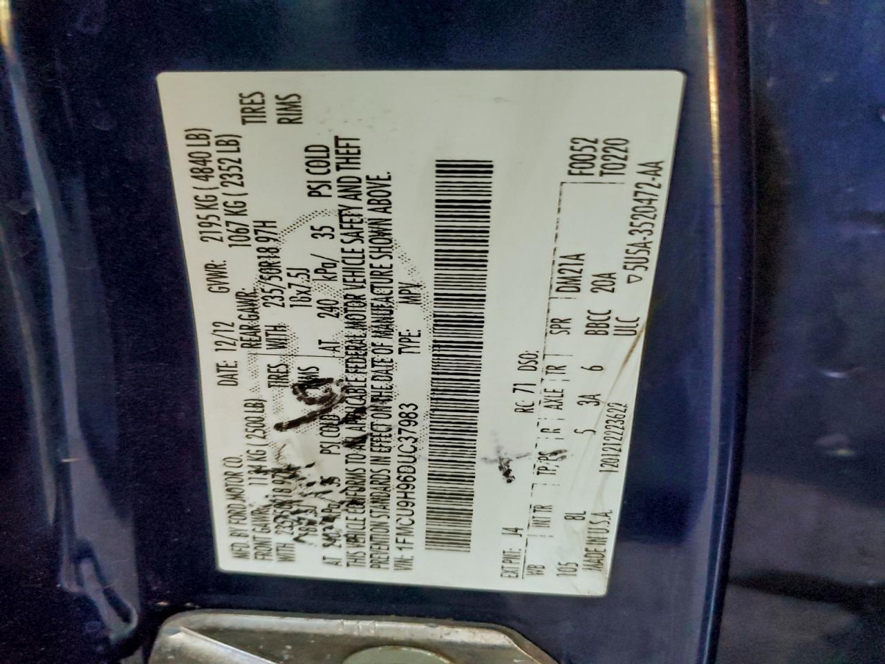 2013 Ford Escape Sel VIN: 1FMCU9H96DUC37983 Lot: 94161125