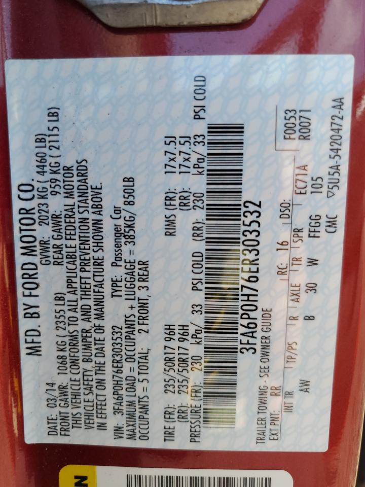 2014 Ford Fusion Se VIN: 3FA6P0H76ER303532 Lot: 92513355