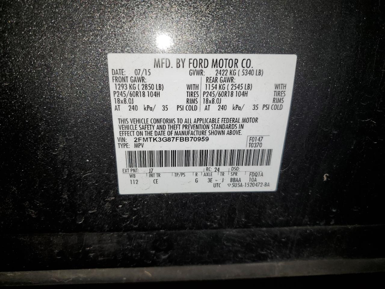 2015 Ford Edge Se VIN: 2FMTK3G87FBB70959 Lot: 92639935