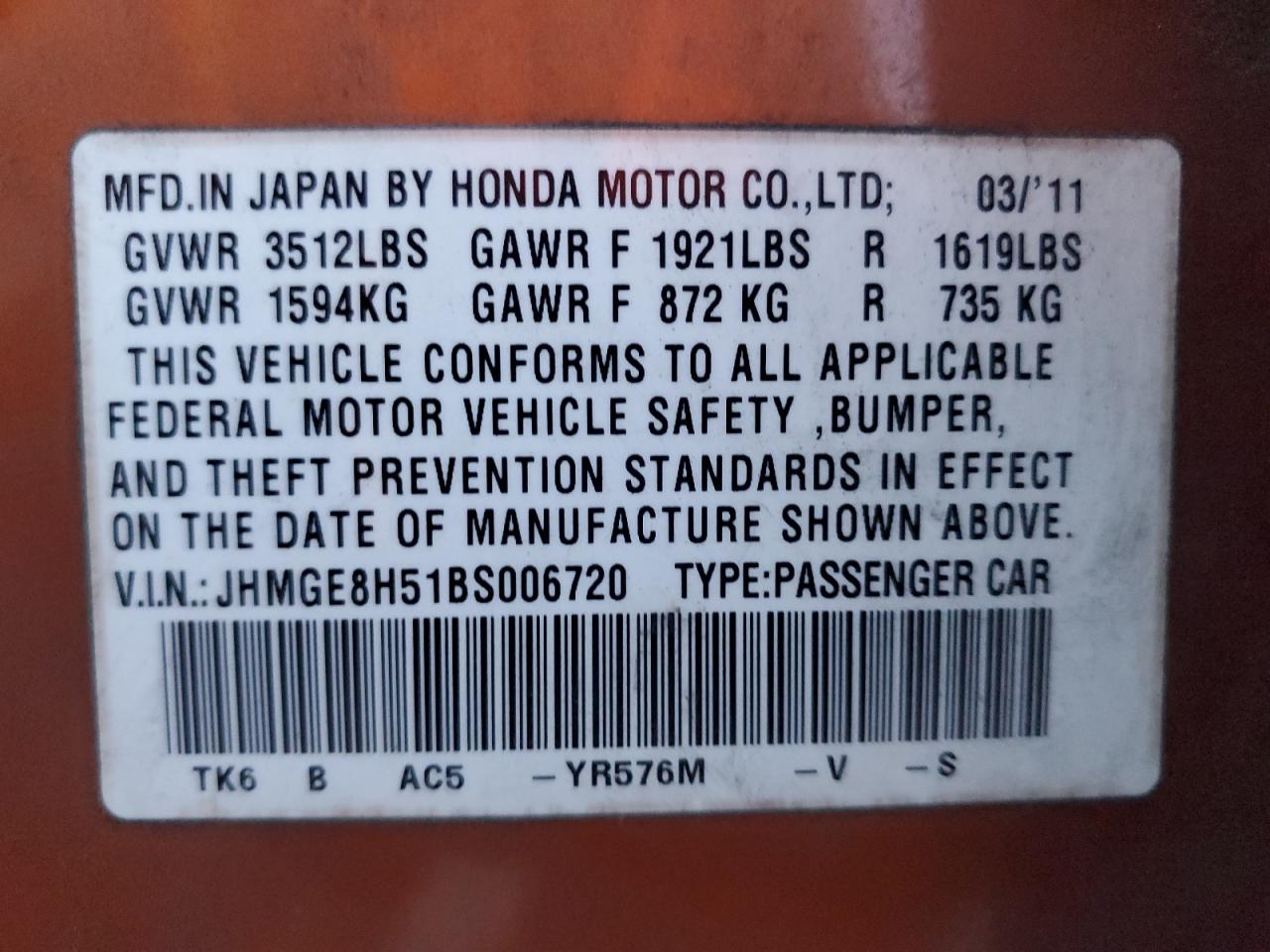 2011 Honda Fit Sport VIN: JHMGE8H51BS006720 Lot: 92456255