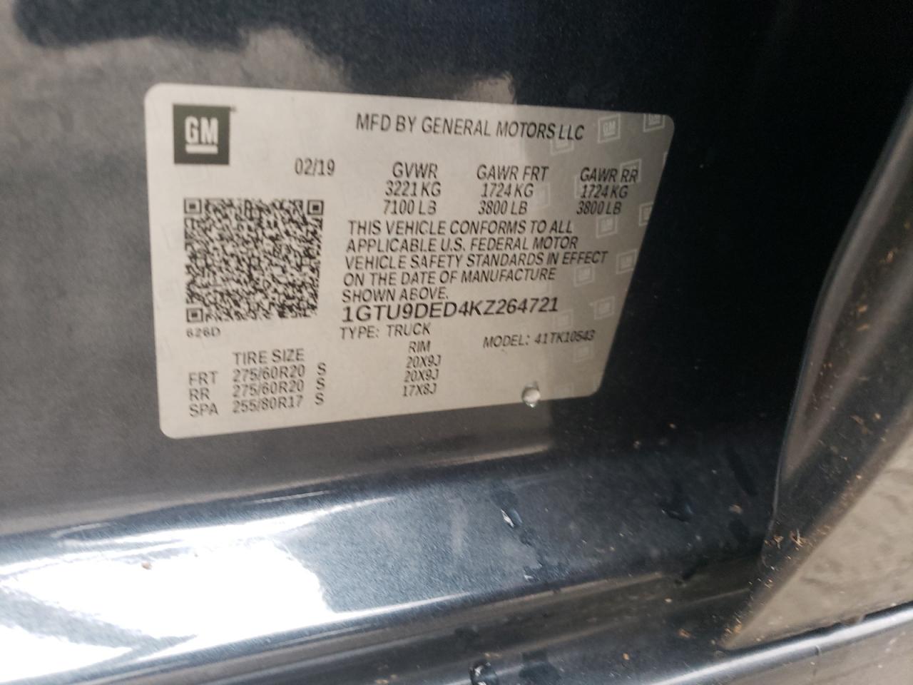 2019 GMC Sierra K1500 Slt VIN: 1GTU9DED4KZ264721 Lot: 91015095