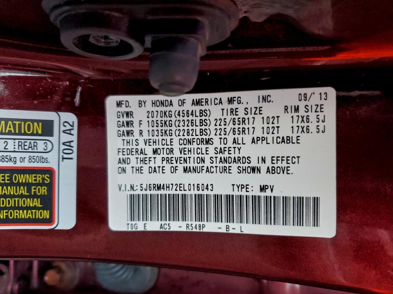 2014 Honda Cr-V Exl VIN: 5J6RM4H72EL016043 Lot: 94504295