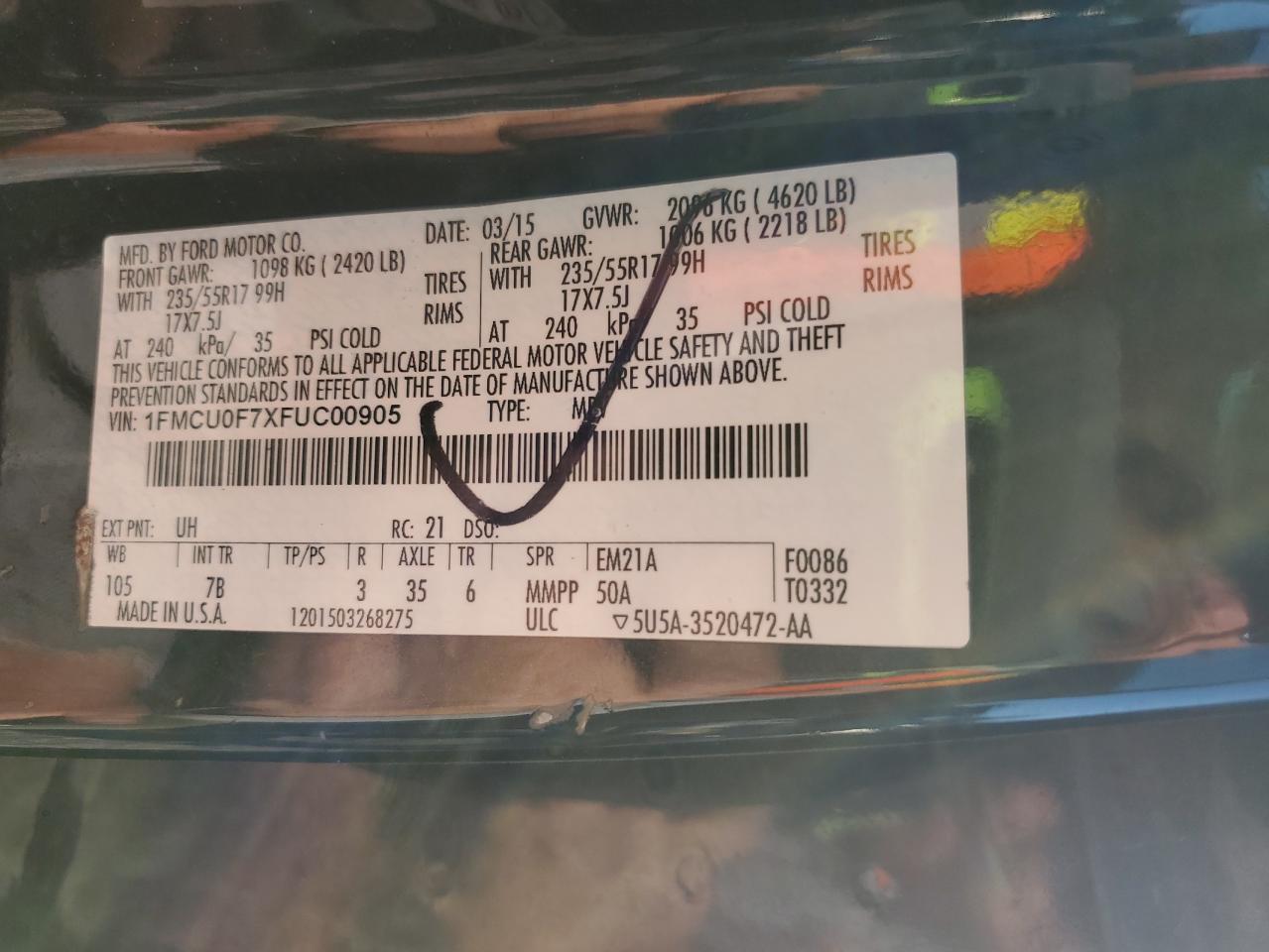 2015 Ford Escape S VIN: 1FMCU0F7XFUC00905 Lot: 92135575