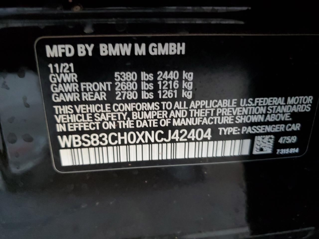 2022 BMW M5 VIN: WBS83CH0XNCJ42404 Lot: 90750275