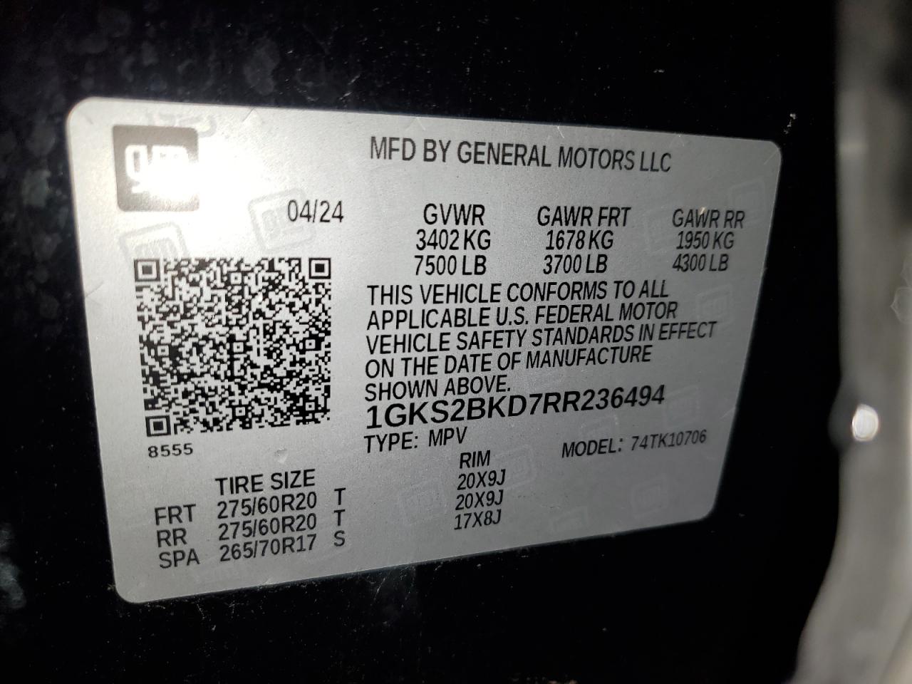 2024 GMC Yukon Slt VIN: 1GKS2BKD7RR236494 Lot: 92253895