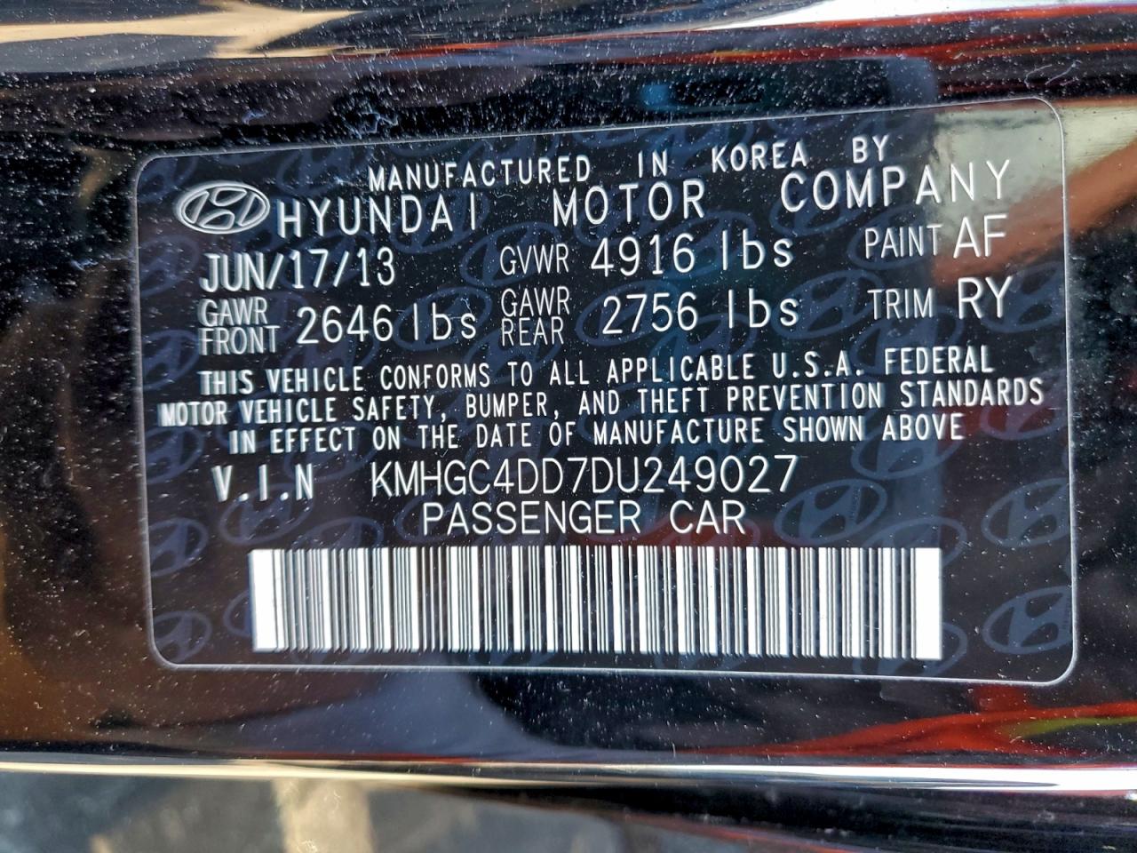 2013 Hyundai Genesis 3.8L VIN: KMHGC4DD7DU249027 Lot: 93967305