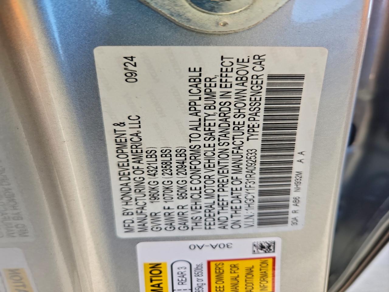 2024 Honda Accord Ex VIN: 1HGCY1F31RA092533 Lot: 93890925