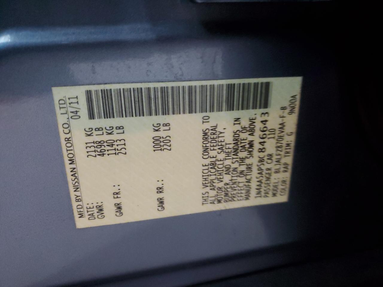 2011 Nissan Maxima S VIN: 1N4AA5AP5BC846643 Lot: 93474615