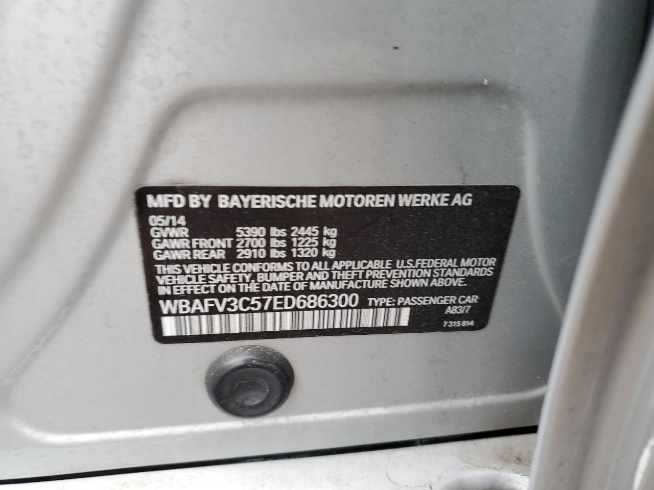 2014 BMW 535 D xDrive VIN: WBAFV3C57ED686300 Lot: 93678185