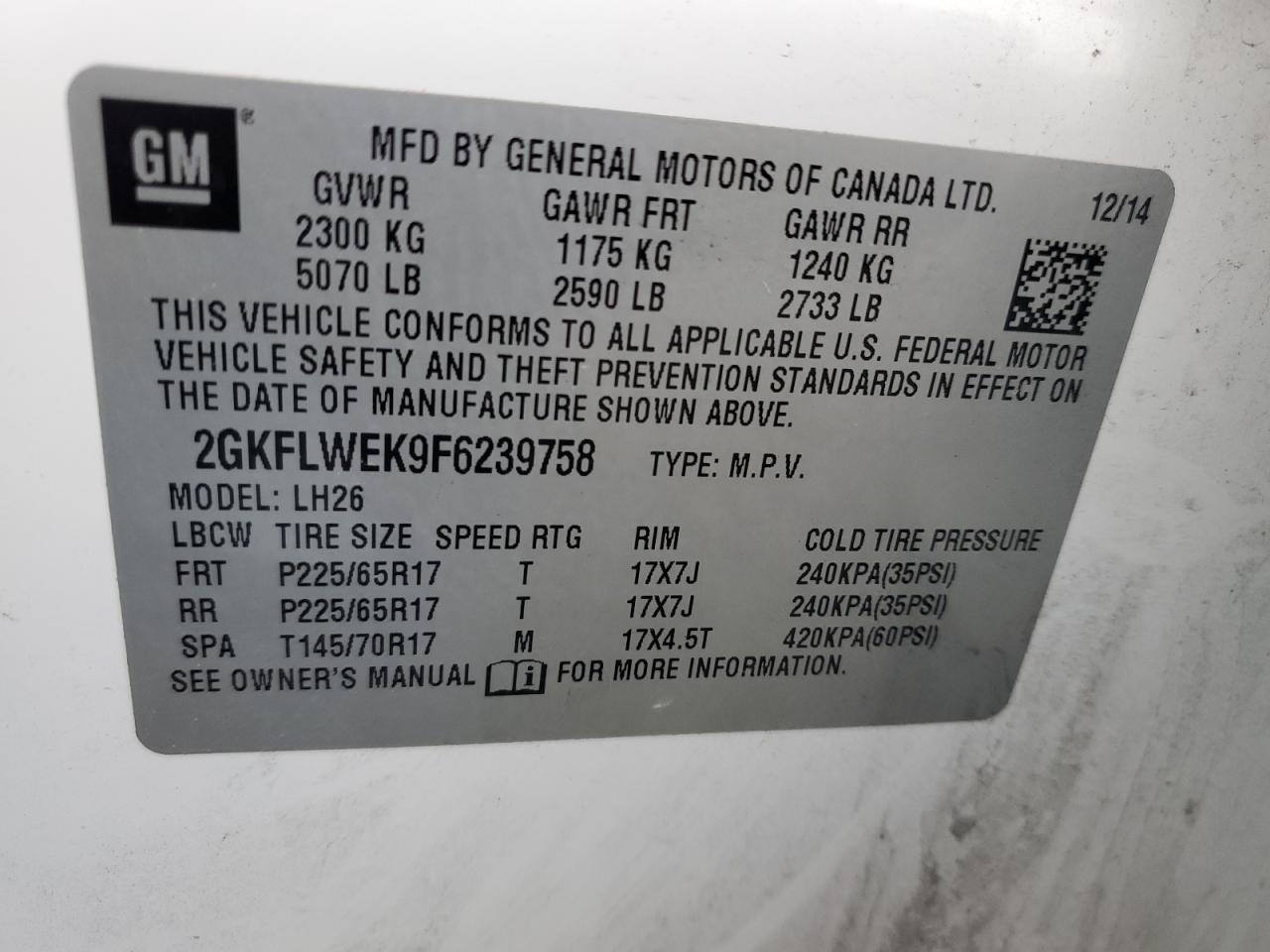 2015 GMC Terrain Sle VIN: 2GKFLWEK9F6239758 Lot: 91579285