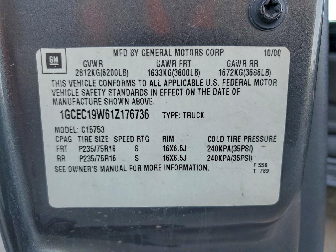 2001 Chevrolet Silverado C1500 VIN: 1GCEC19W61Z176736 Lot: 94108735