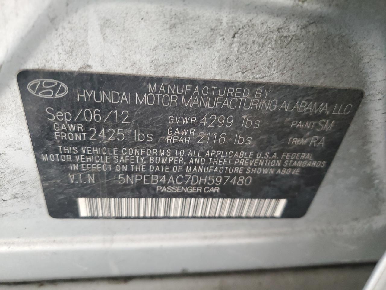 2013 Hyundai Sonata Gls VIN: 5NPEB4AC7DH597480 Lot: 93738135