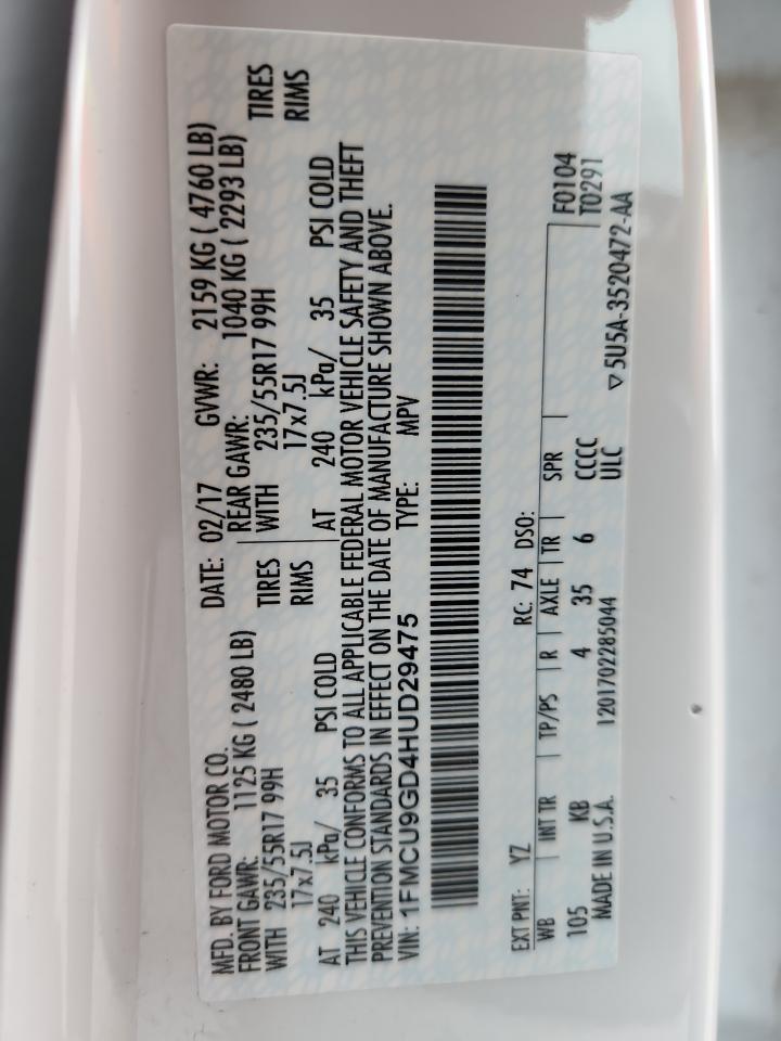 2017 Ford Escape Se VIN: 1FMCU9GD4HUD29475 Lot: 92367745