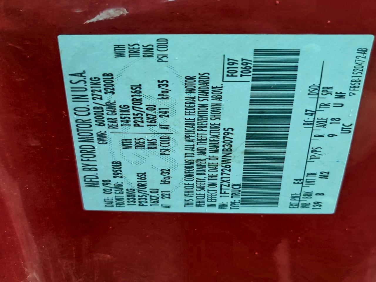 1998 Ford F150 VIN: 1FTZX1726WNB30795 Lot: 93758065