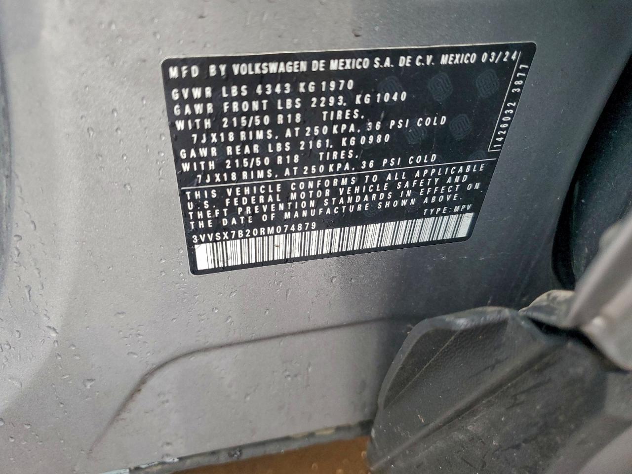 2024 Volkswagen Taos Se VIN: 3VVSX7B20RM074879 Lot: 94435405