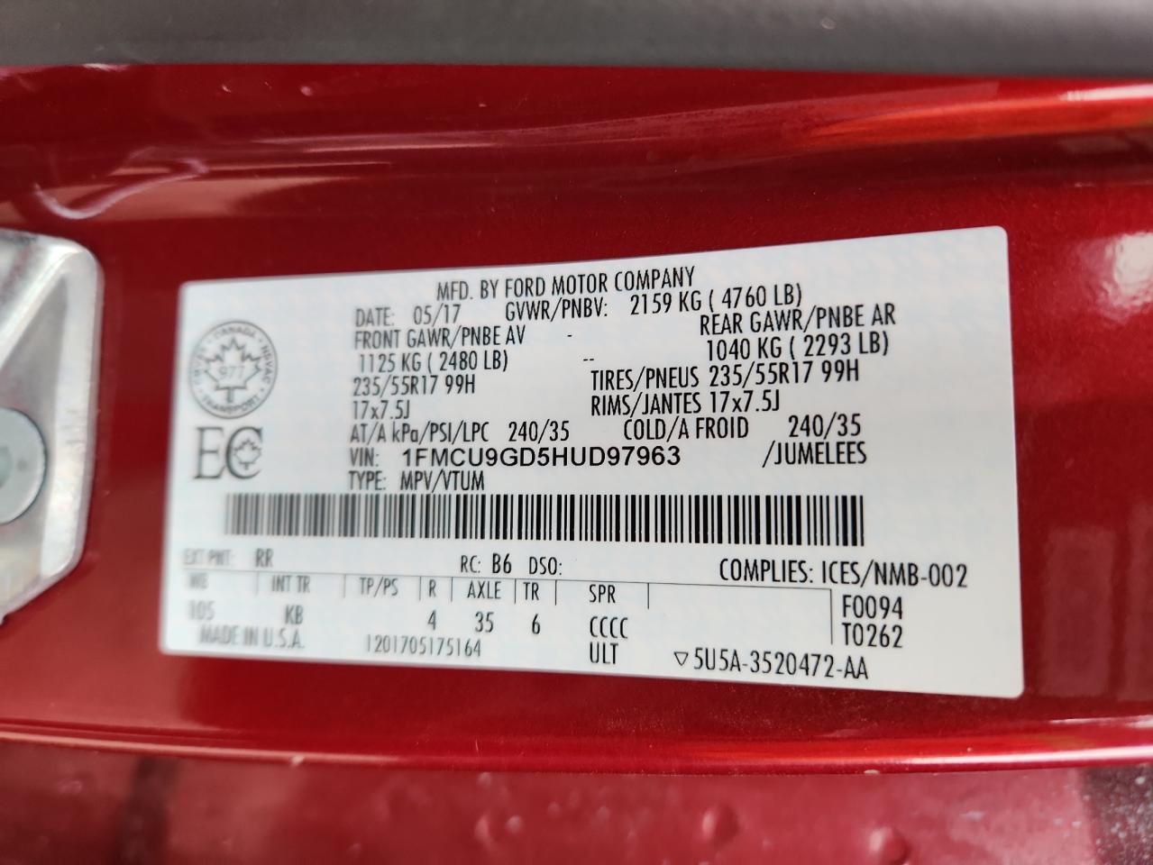 2017 Ford Escape Se VIN: 1FMCU9GD5HUD97963 Lot: 92934125