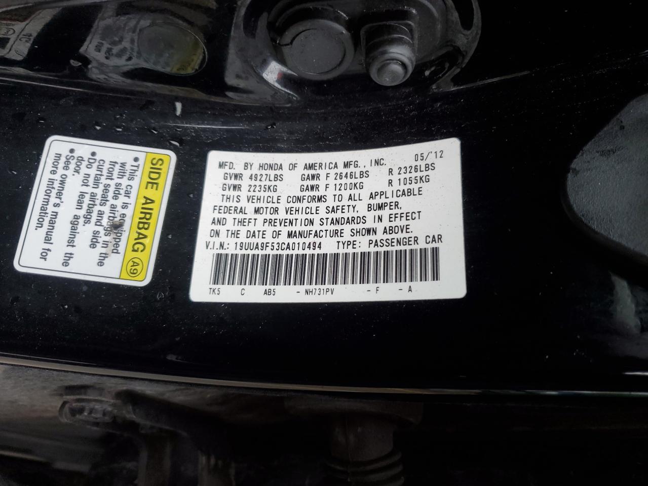 2012 Acura Tl VIN: 19UUA9F53CA010494 Lot: 93391435