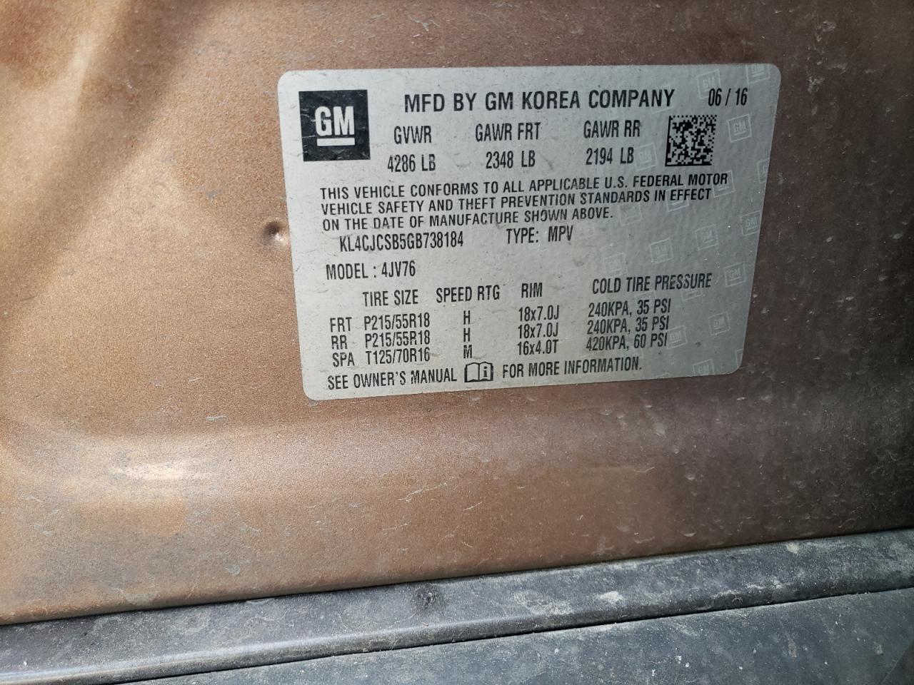 2016 Buick Encore VIN: KL4CJCSB5GB738184 Lot: 93605455