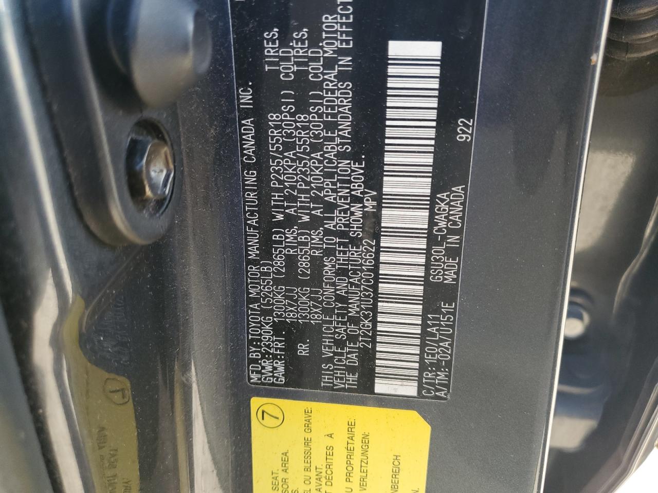 2007 Lexus Rx 350 VIN: 2T2GK31U37C016622 Lot: 92215105