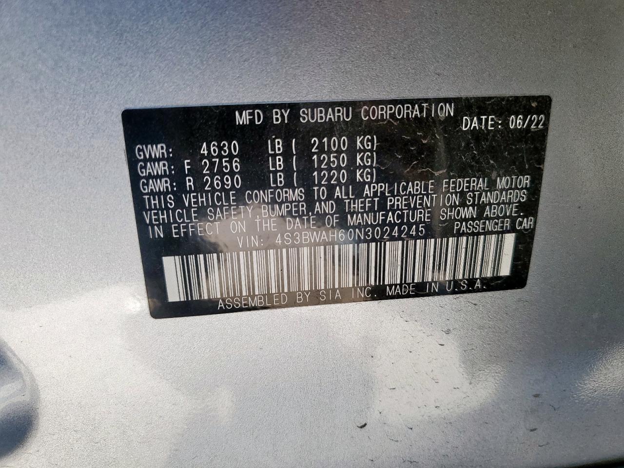 2022 Subaru Legacy Sport VIN: 4S3BWAH60N3024245 Lot: 92468695