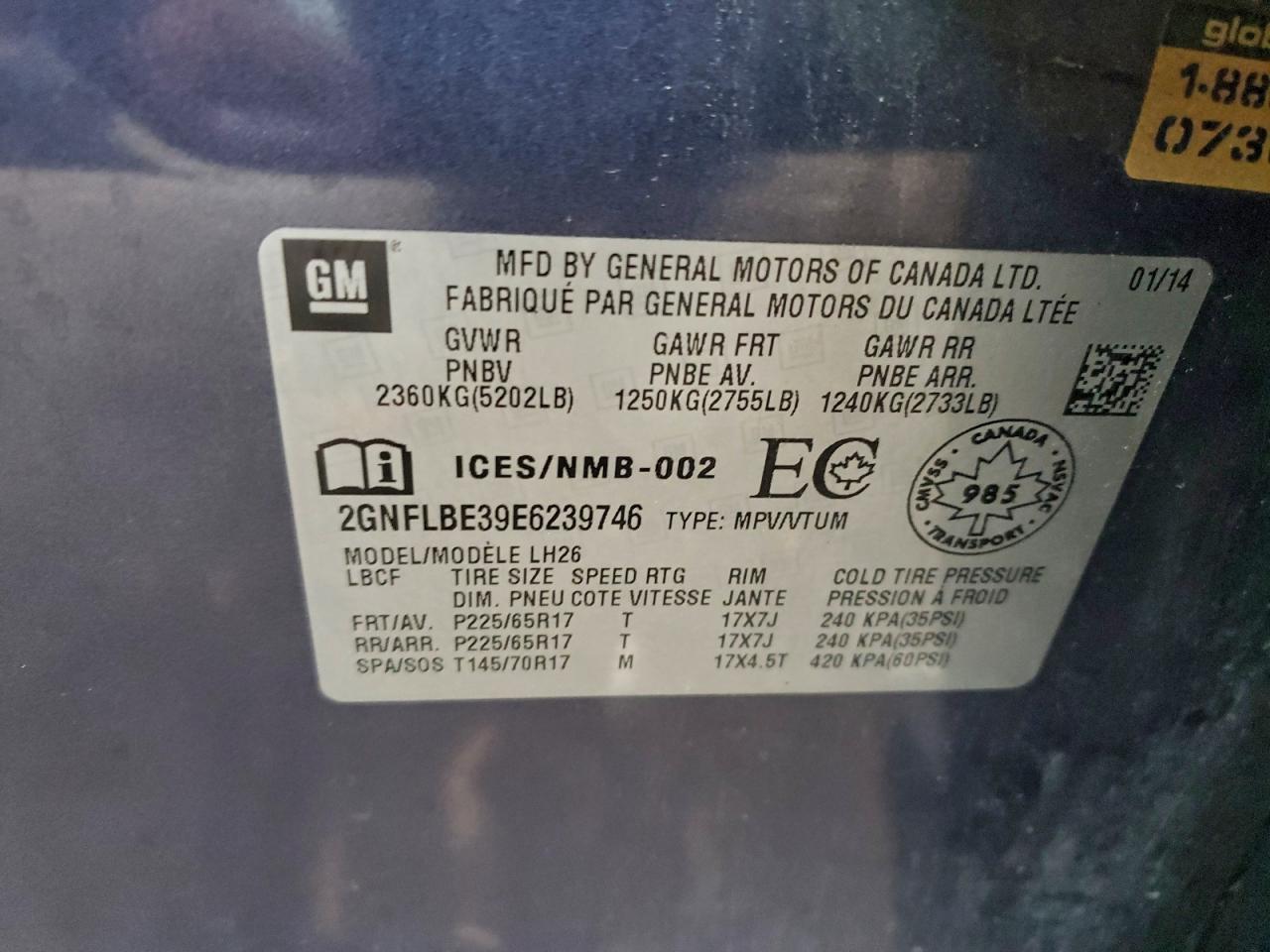 2014 Chevrolet Equinox Lt VIN: 2GNFLBE39E6239746 Lot: 94134995