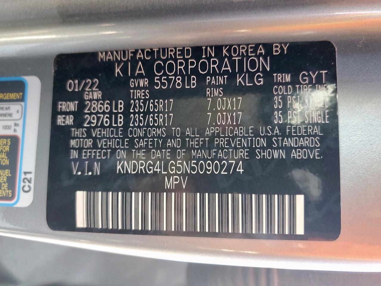 2022 Kia Sorento S VIN: KNDRG4LG5N5090274 Lot: 91875415