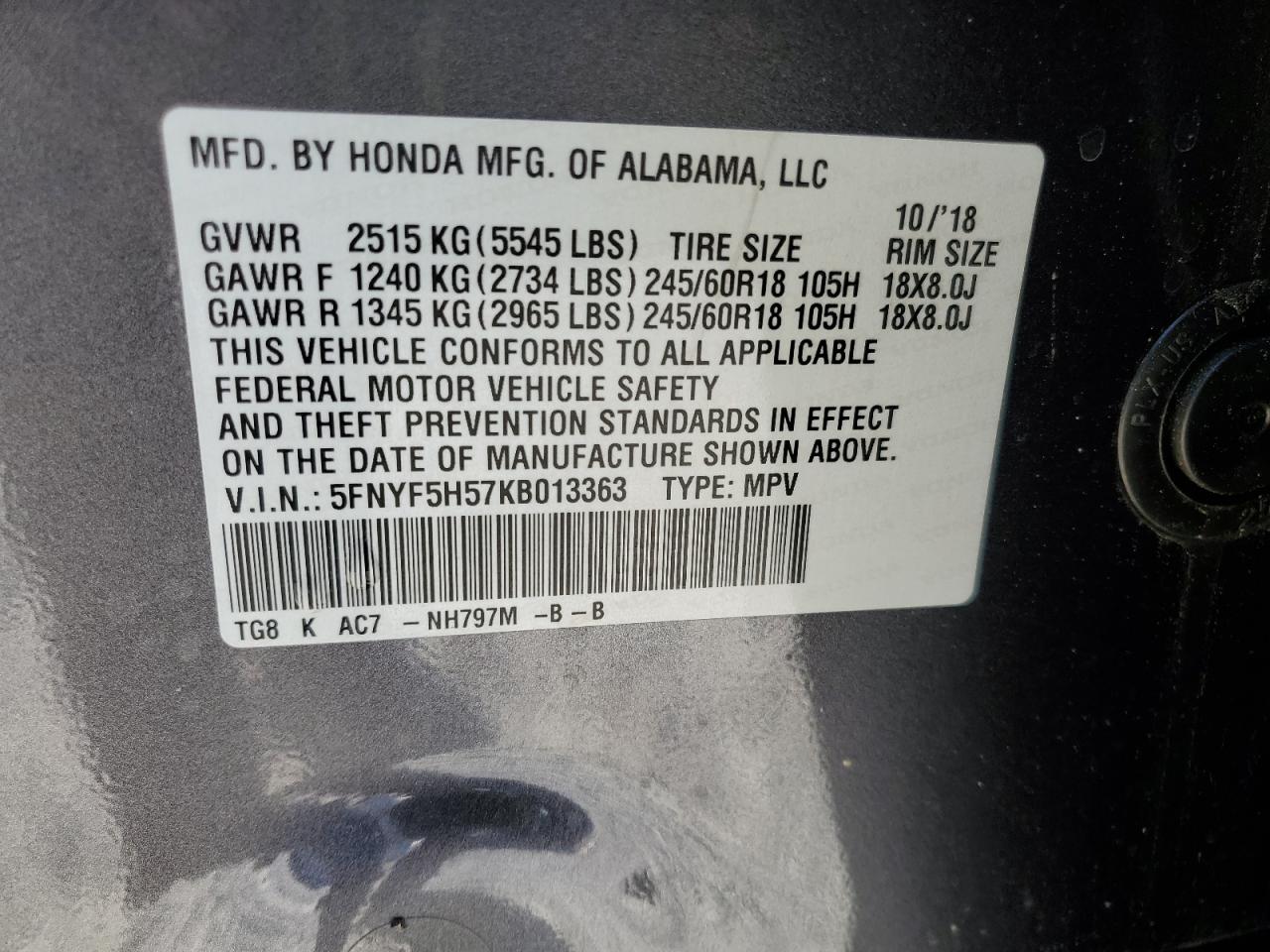 2019 Honda Pilot Exl VIN: 5FNYF5H57KB013363 Lot: 91633415