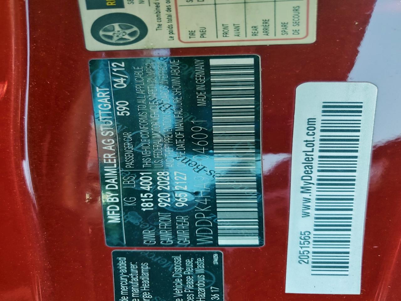 2012 Mercedes-Benz Slk 250 VIN: WDDPK4HA9CF046091 Lot: 92873855