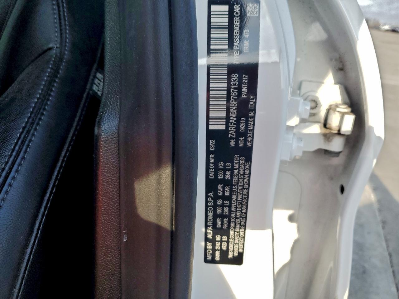 2023 Alfa Romeo Giulia Ti VIN: ZARFANBN8P7671338 Lot: 92868275