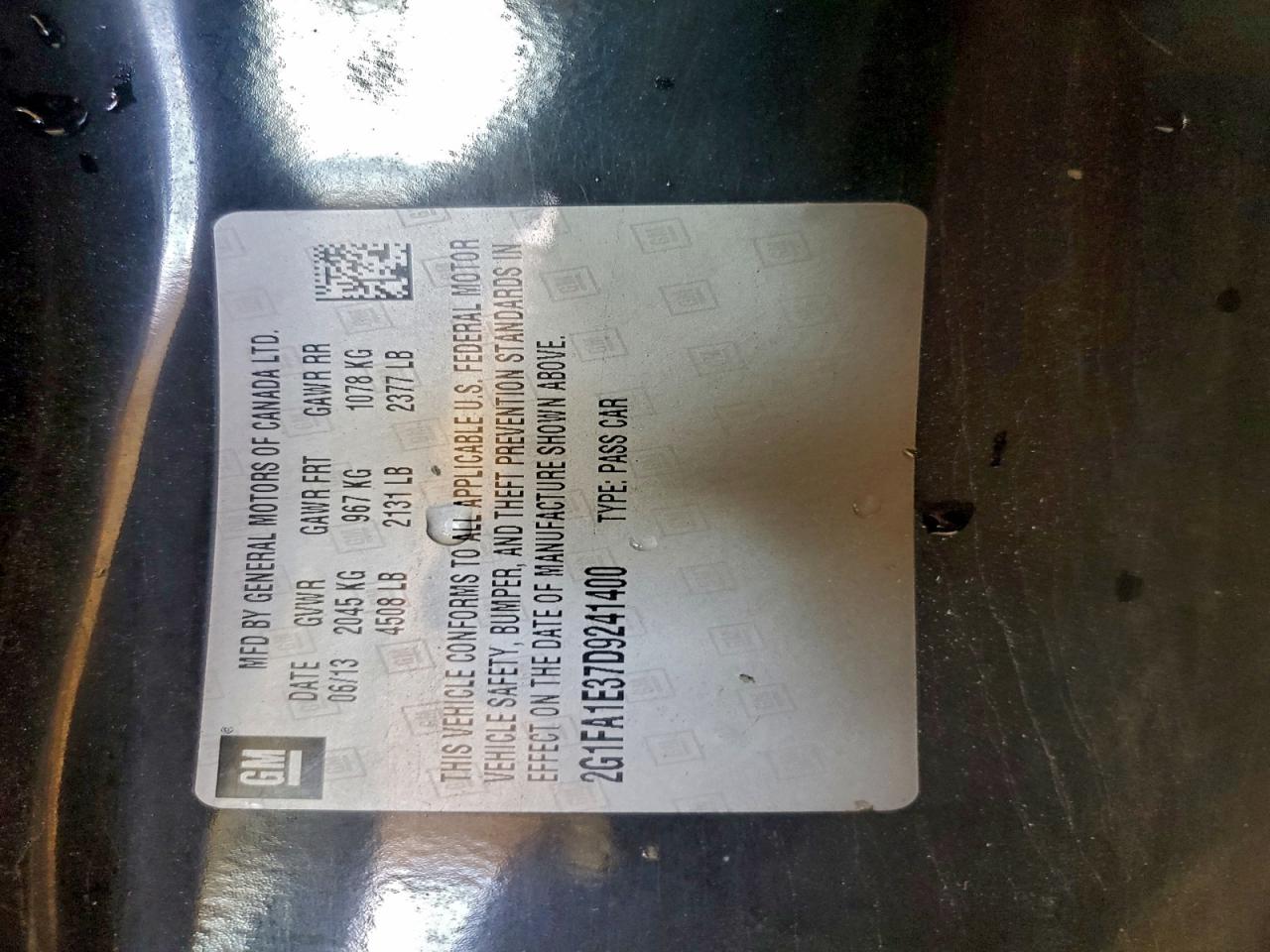 2013 Chevrolet Camaro Ls VIN: 2G1FA1E37D9241400 Lot: 94675815