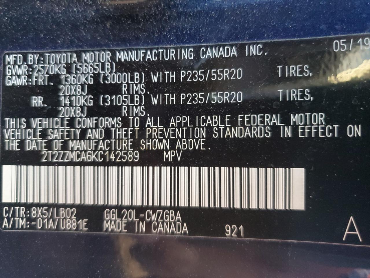 2019 Lexus Rx 350 Base VIN: 2T2ZZMCA6KC142589 Lot: 91486295