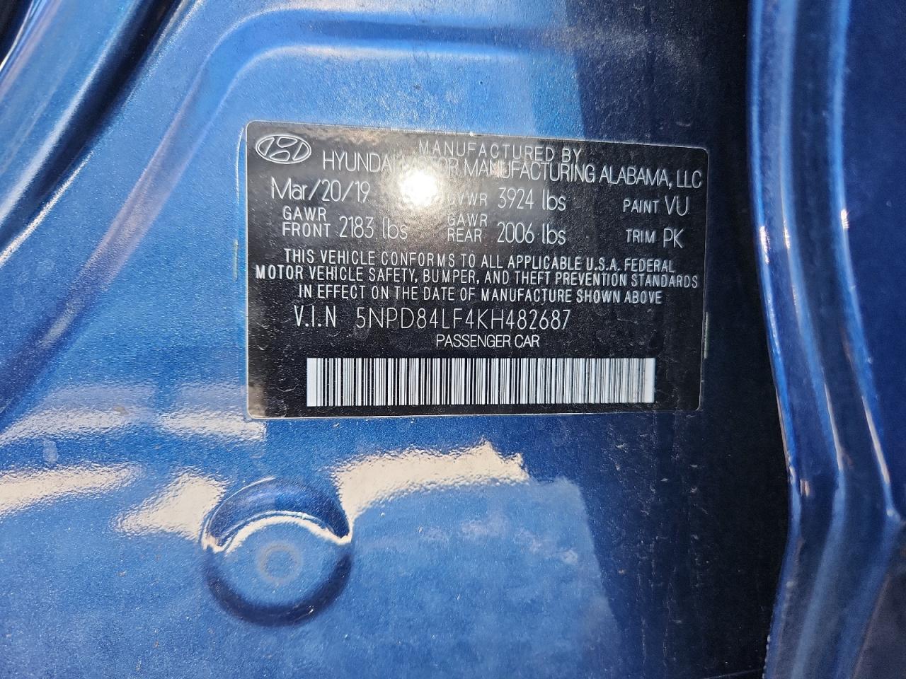 2019 Hyundai Elantra Sel VIN: 5NPD84LF4KH482687 Lot: 91091325