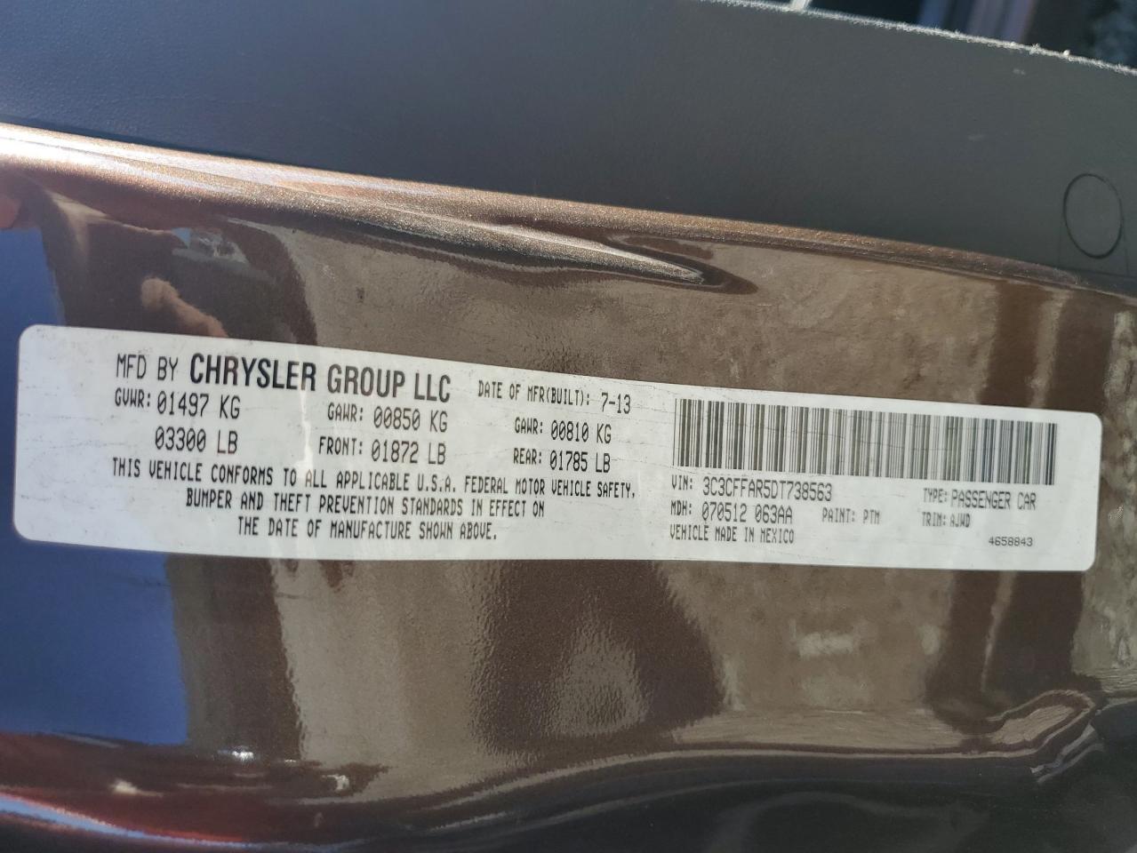 2013 Fiat 500 Pop VIN: 3C3CFFAR5DT738563 Lot: 92882065