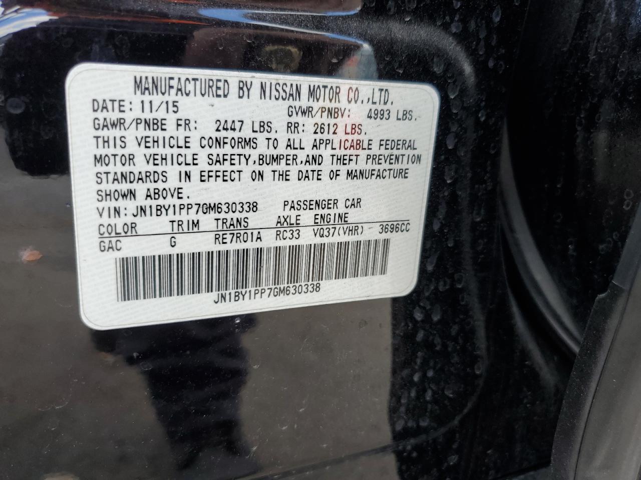 2016 Infiniti Q70L 3.7 VIN: JN1BY1PP7GM630338 Lot: 91802215